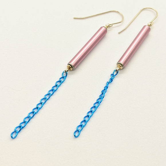 Pink and blue knitting needle earrings with chain