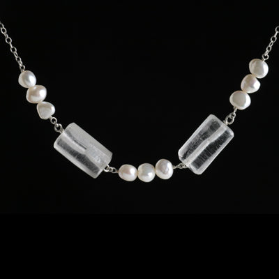 White recycled glass and pearl necklace