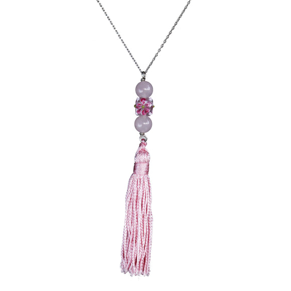 Glass flower bead, rose quartz and vintage tassel necklace on steel chain - Amy Jewelry
