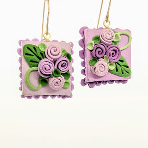 Square lavender dollhouse cake earrings