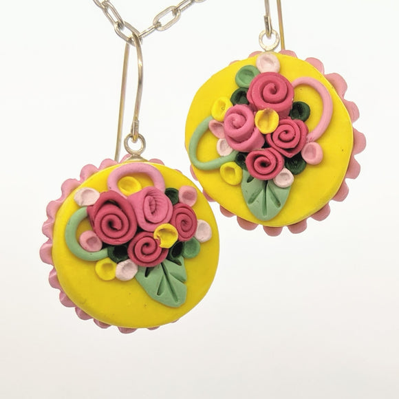Yellow and pink dollhouse cake earrings