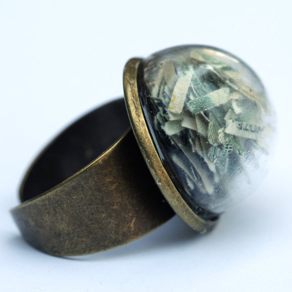 Large glass dome ring with shredded money - Amy Jewelry
 - 1