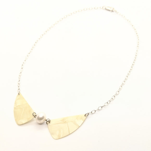 Pearl guitar pick beetle-wing necklace