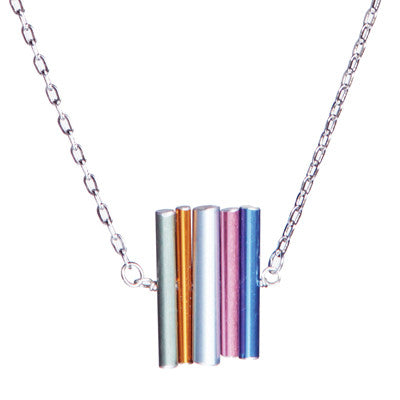Small stacked knitting needle necklace on steel chain