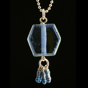 Blue recycled glass hexagon and resistor pendant