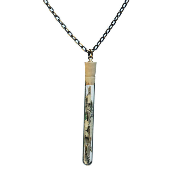 Shredded money test tube pendant on antiqued brass chain - Amy Jewelry
 - 1