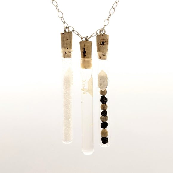 Triple salt, pepper and olive oil test tube pendant on sterling silver chain