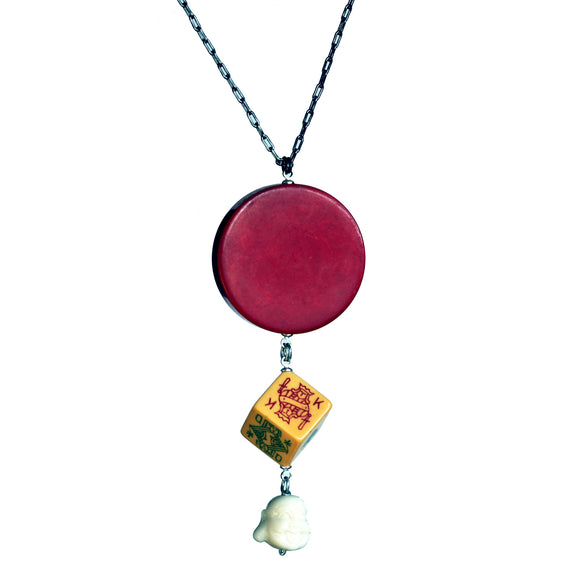 Bakelite game piece, poker die and Buddha necklace - Amy Jewelry

