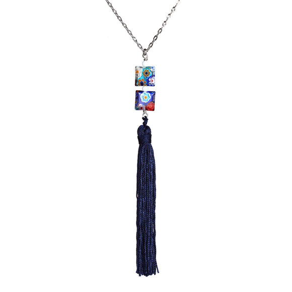 Millefiori bead and vintage tassel necklace on steel chain - Amy Jewelry
