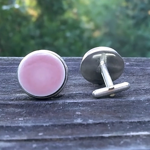 Pink ceramic tile silver-plated cuff links, front and back views
