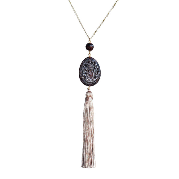 Carved beads and vintage tassel pendant necklace - Amy Jewelry
