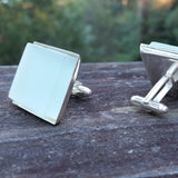 Photo of aqua glass tile silver-plated cuff links 3/4 view
