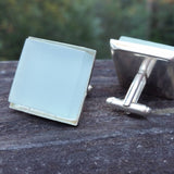 Photo of aqua glass tile silver-plated cuff links 