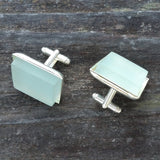 Photo of aqua glass tile silver-plated cuff links from above