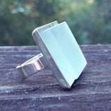 Photo of aqua glass tile silver-plated adjustable ring from side