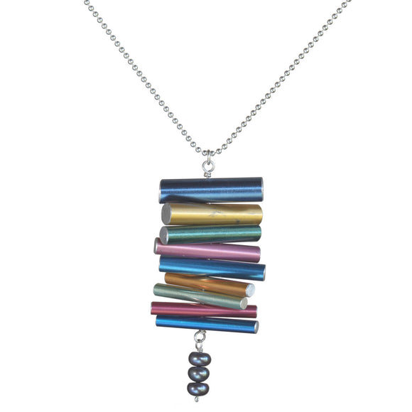 Knitting needle stacked pendant with pearls on silver-plated ball chain - Amy Jewelry
