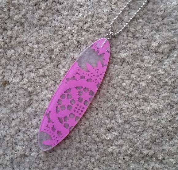 Large recycled plastic pink lace pendant - Amy Jewelry
