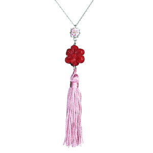 Carved stone flower bead, glass flower bead, and pink vintage tassel necklace on steel chain - Amy Jewelry
