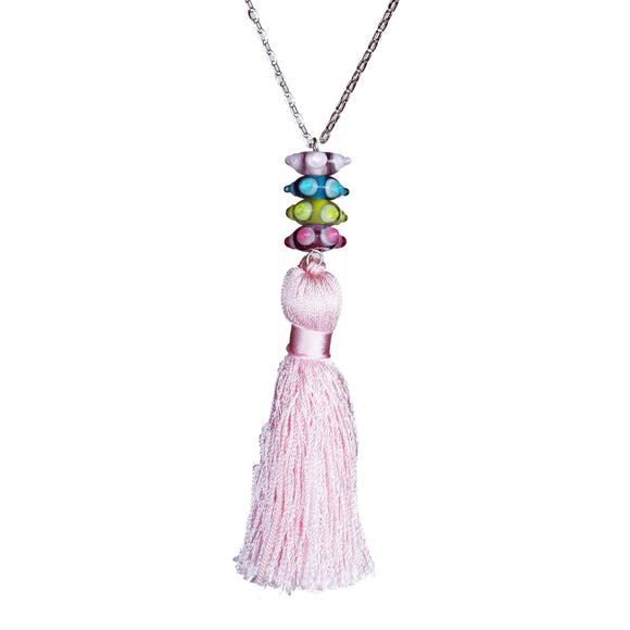 Glass bead and vintage tassel necklace on steel chain - Amy Jewelry
