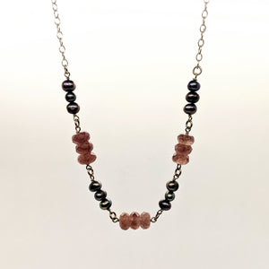 Pearl and purple faceted stone bead necklace
