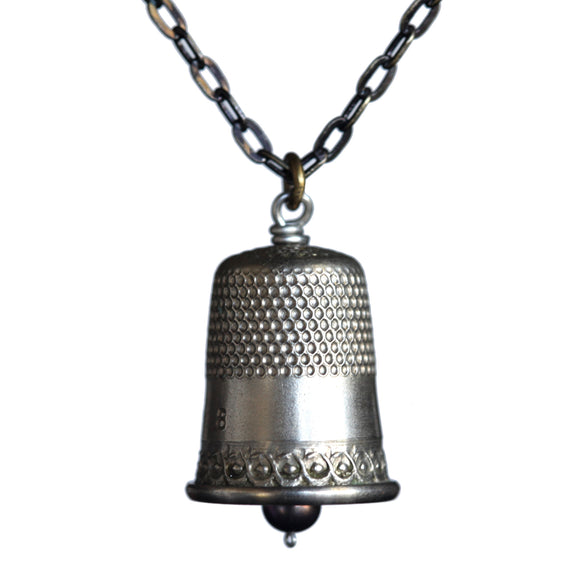 Salvaged thimble pendant on brass patina chain - Amy Jewelry

