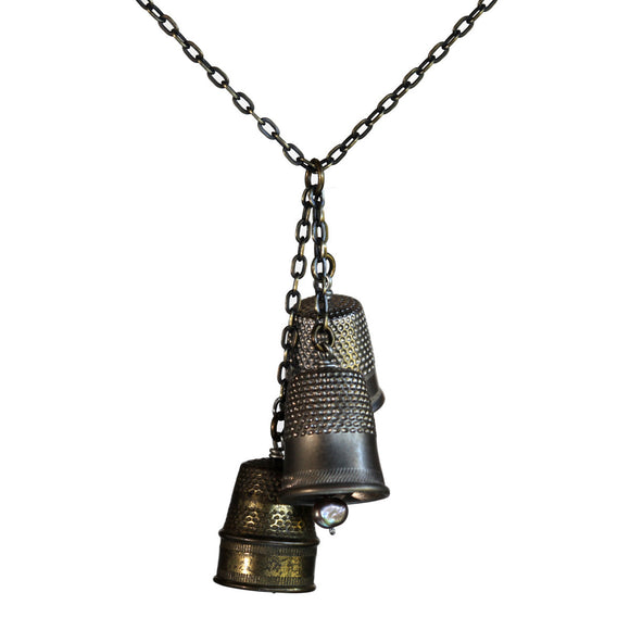Salvaged thimble cluster necklace on brass patina chain - Amy Jewelry

