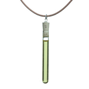 test tube pendant on leather cord with olive oil - Amy Jewelry
