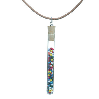 test tube pendant on leather cord with cake sprinkles - Amy Jewelry
